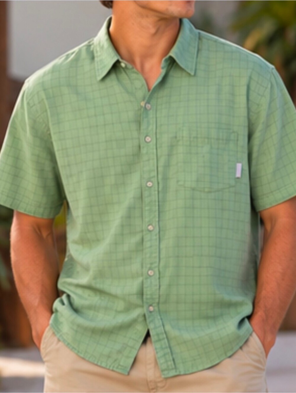 Billabong Men's XL Green Grid Check Short Sleeve Button Down Shirt